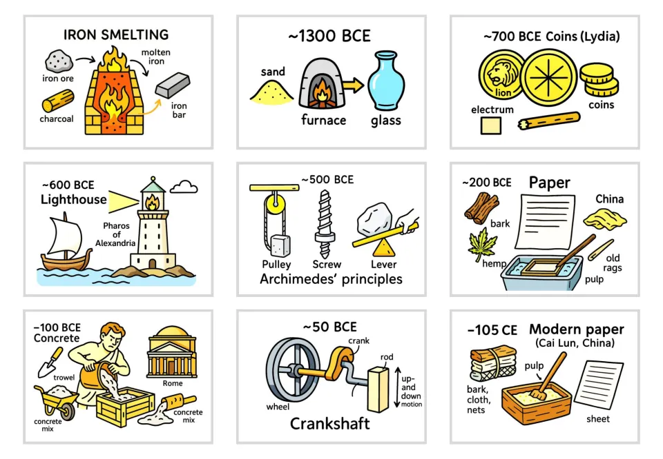 Cards for iron smelting, glass, Lydian coins, lighthouse, Archimedes' pulley, screw and lever, paper, concrete, crankshaft