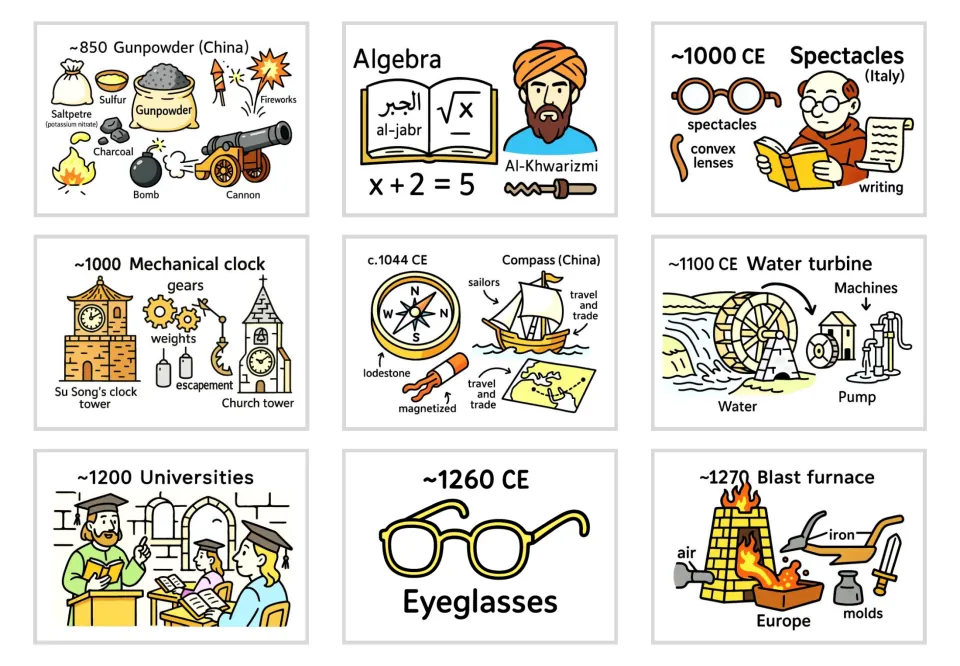 Cards for gunpowder, algebra, spectacles, mechanical clock, compass, water turbine, universities, eyeglasses, blast furnace