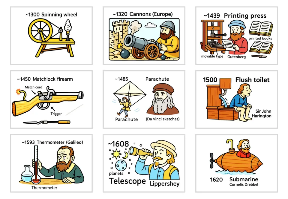 Cards for spinning wheel, cannons, printing press, matchlock, parachute, flush toilet, thermometer, telescope, submarine