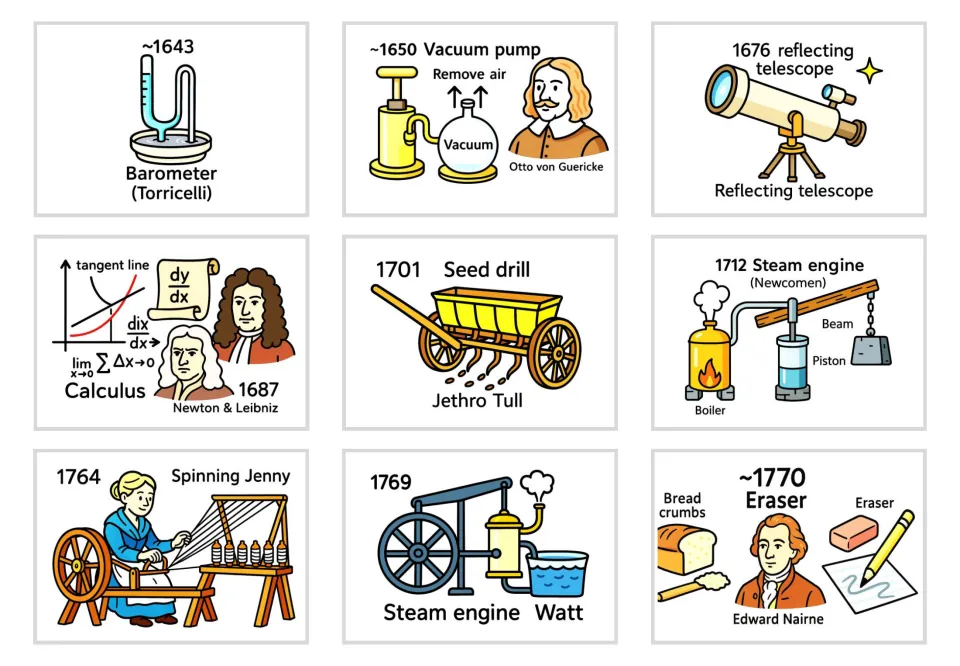 Cards for barometer, vacuum pump, reflecting telescope, calculus, seed drill, steam engines, spinning jenny and the eraser