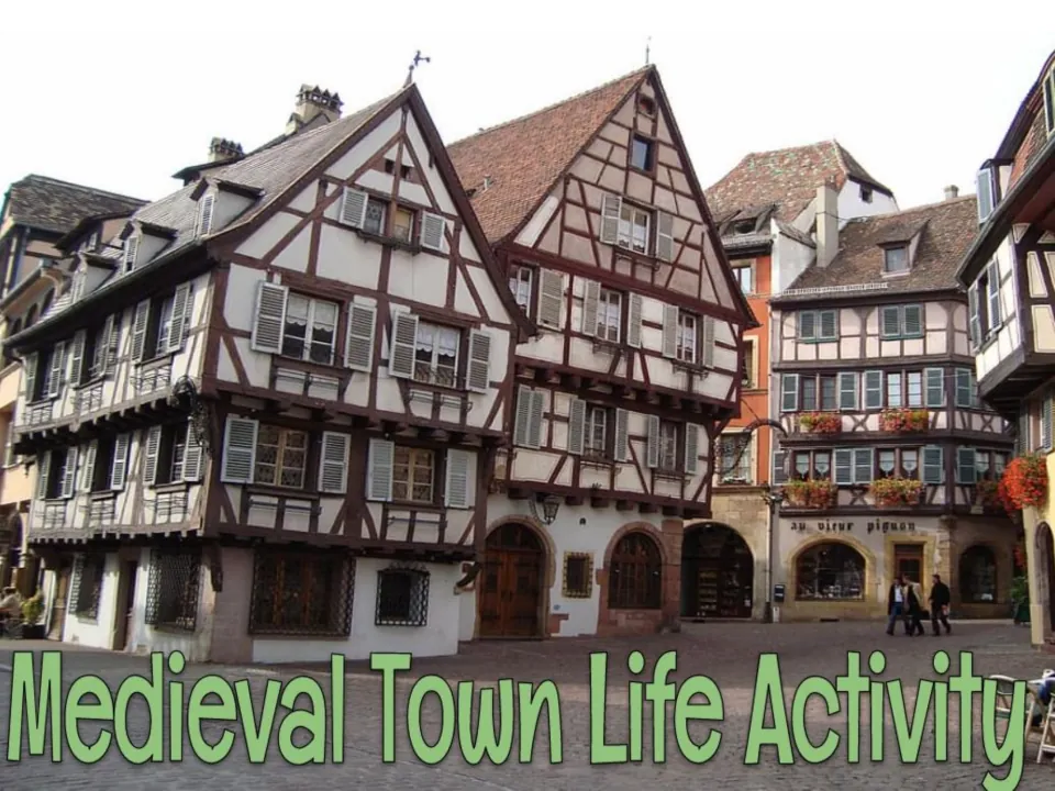 Medieval Town Life Activity cover: title over a photo of half-timbered houses on a cobbled town square