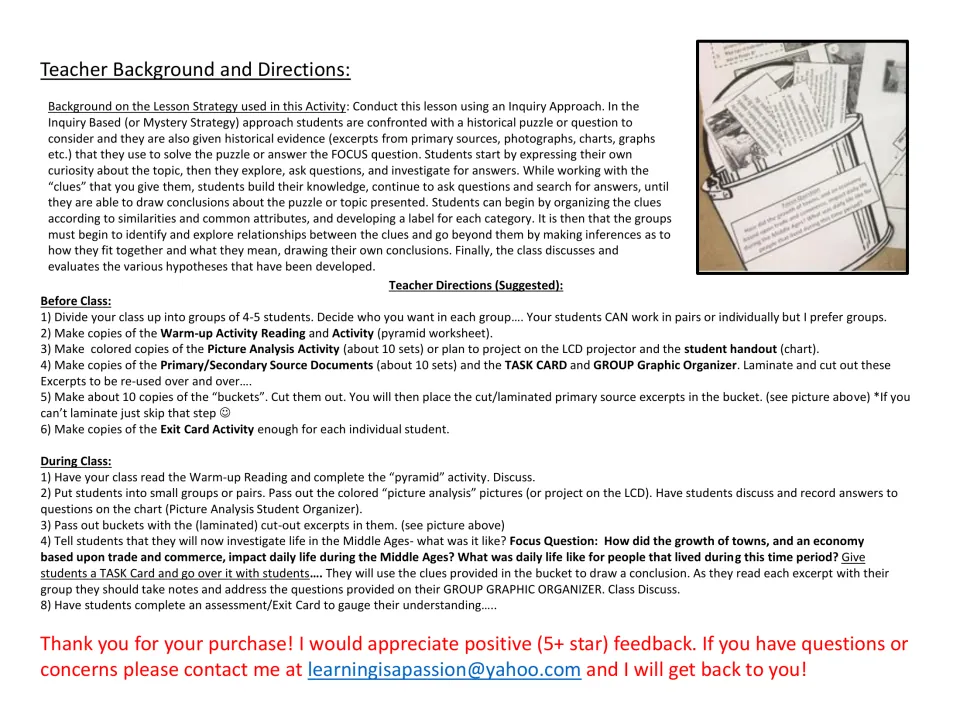 Teacher directions for an inquiry lesson on daily life in the Middle Ages using source excerpts sorted into buckets
