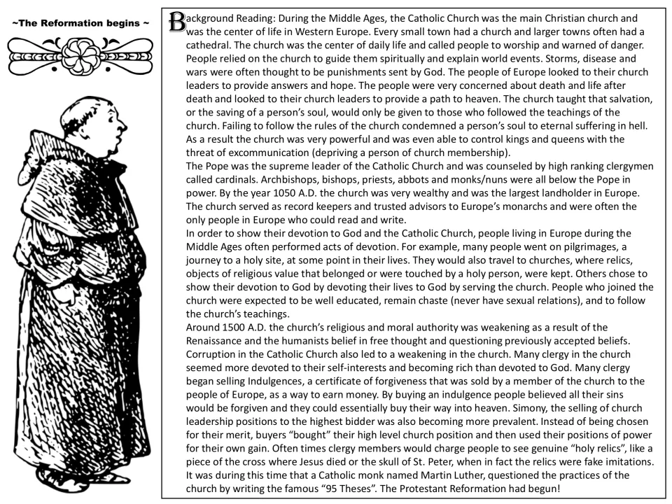 The Reformation Begins reading on the medieval Catholic Church, indulgences, simony, fake relics and Luther's 95 Theses