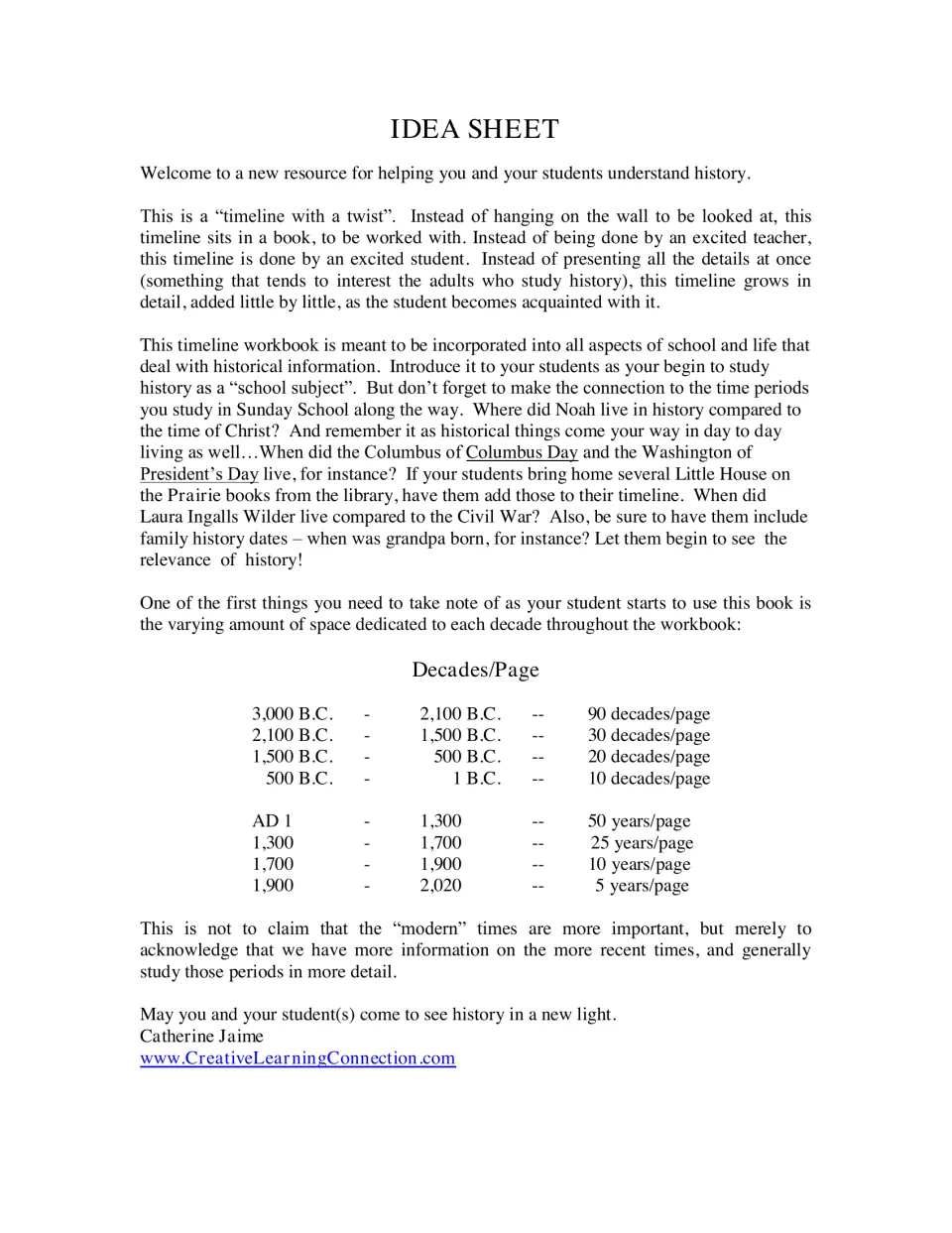 Idea sheet for teachers on using a timeline workbook, with a chart of decades or years per page from 3,000 B.C. to 2,020