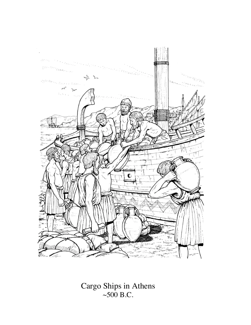 Cargo Ships in Athens, about 500 B.C.: line drawing of men unloading clay jars from a ship at a harbor