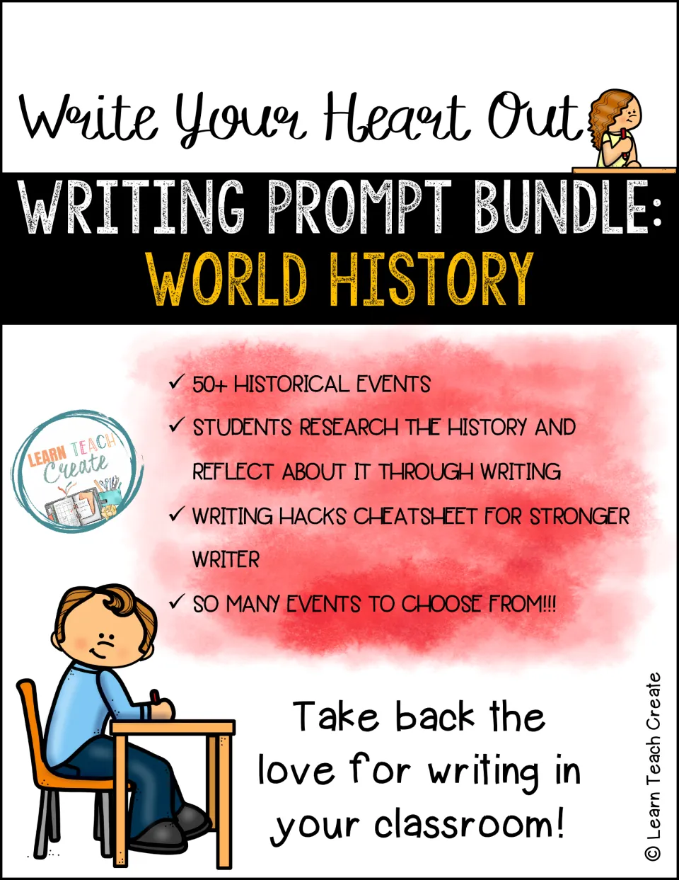 Cover of the World History Writing Prompt Bundle, introducing 50+ historical events and writing tips