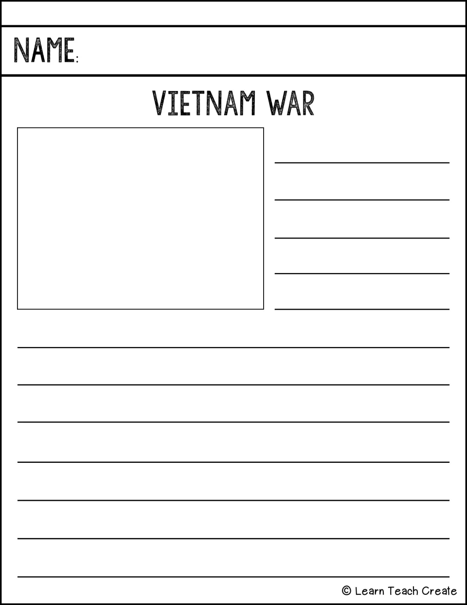 Vietnam War research-and-writing page for students to develop a written response about this historical topic