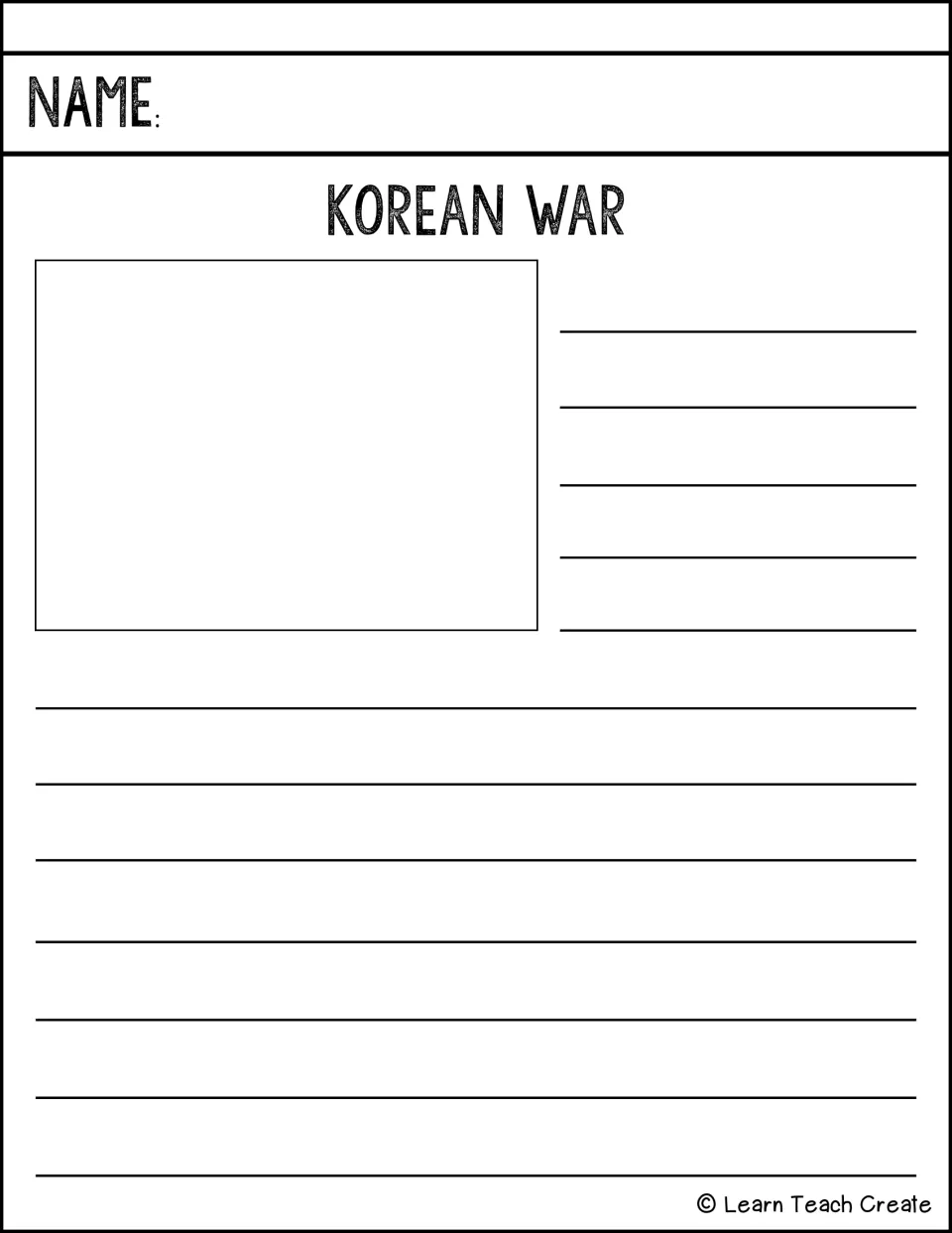 Korean War research-and-writing page for students to develop a written response about this historical topic