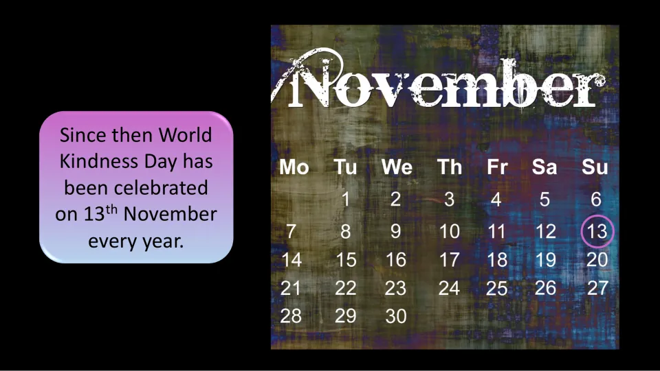 Annual observance slide states that the kindness celebration takes place every year on November 13.