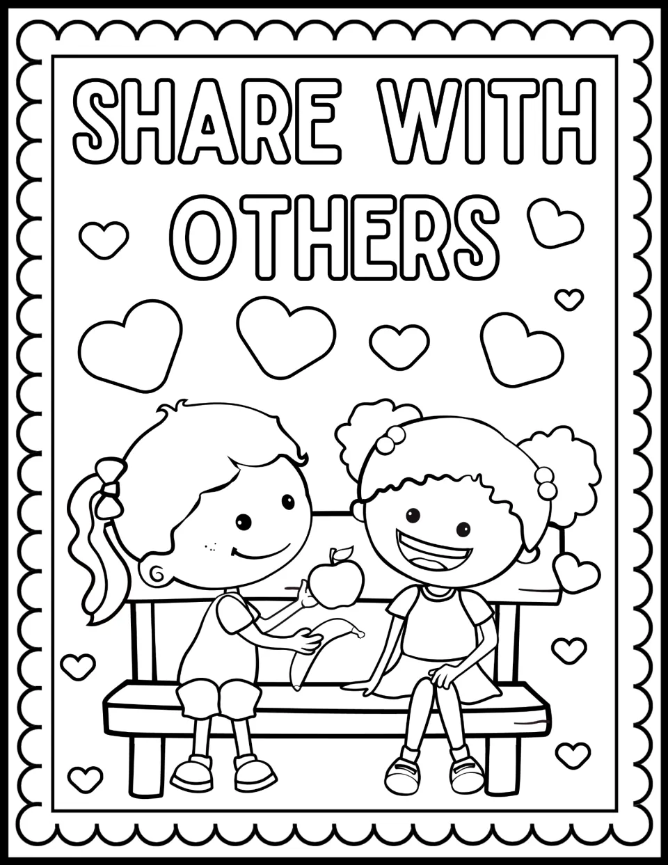 Share With Others coloring page: students color a child offering an apple and banana to a friend on a bench, among hearts