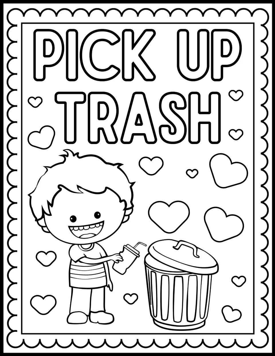 Pick Up Trash coloring page: students color a smiling boy dropping a cup with a straw into a lidded trash can