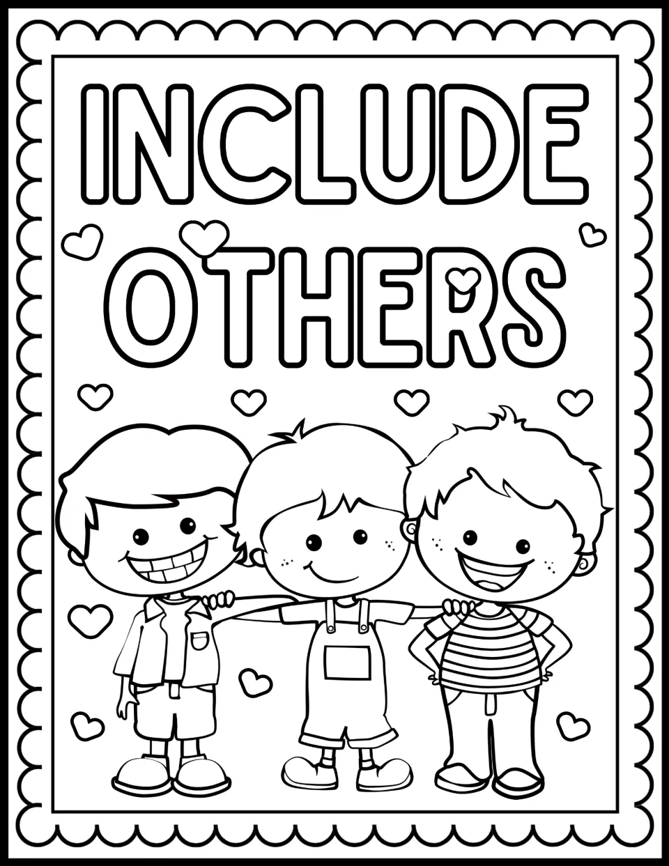 Include Others coloring page: students color three smiling boys standing arm in arm with hearts around them
