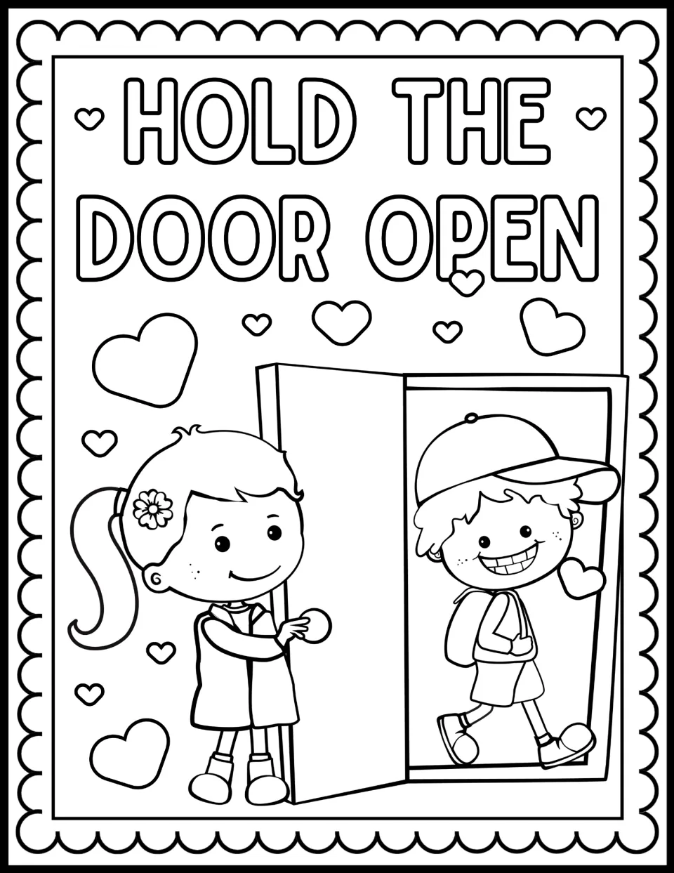 Hold the Door Open coloring page: students color a girl holding a door for a boy in a cap and backpack walking through