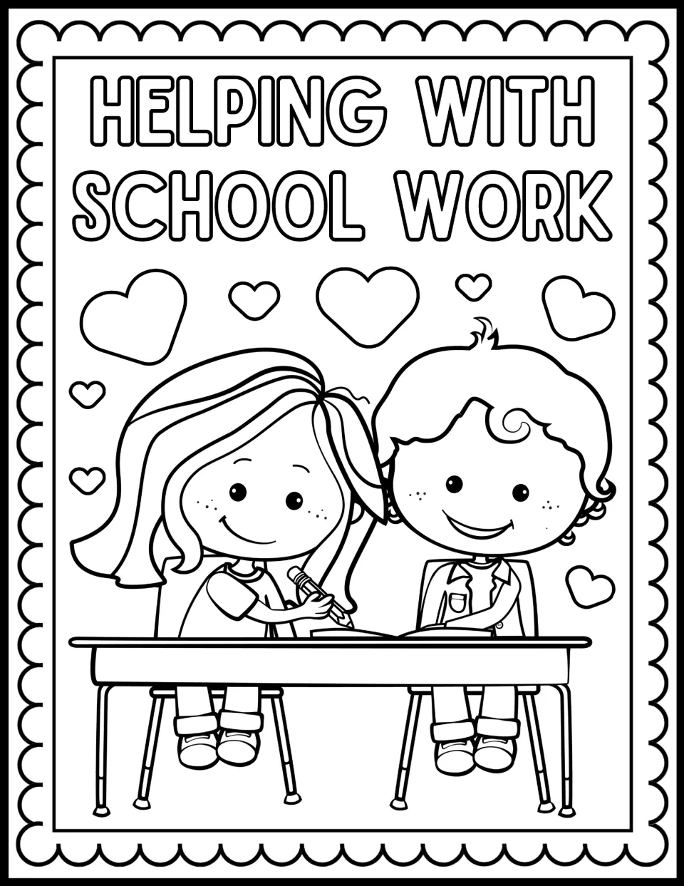 Helping With School Work coloring page: students color two classmates sharing a desk, one writing in a book with a pencil