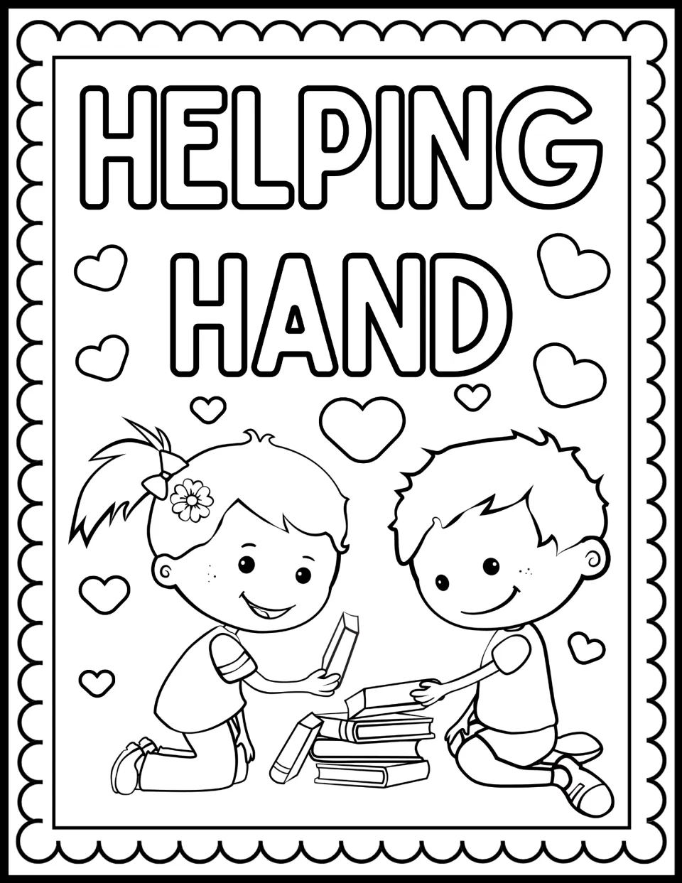Helping Hand coloring page: students color a girl and boy kneeling on the floor together stacking a pile of books