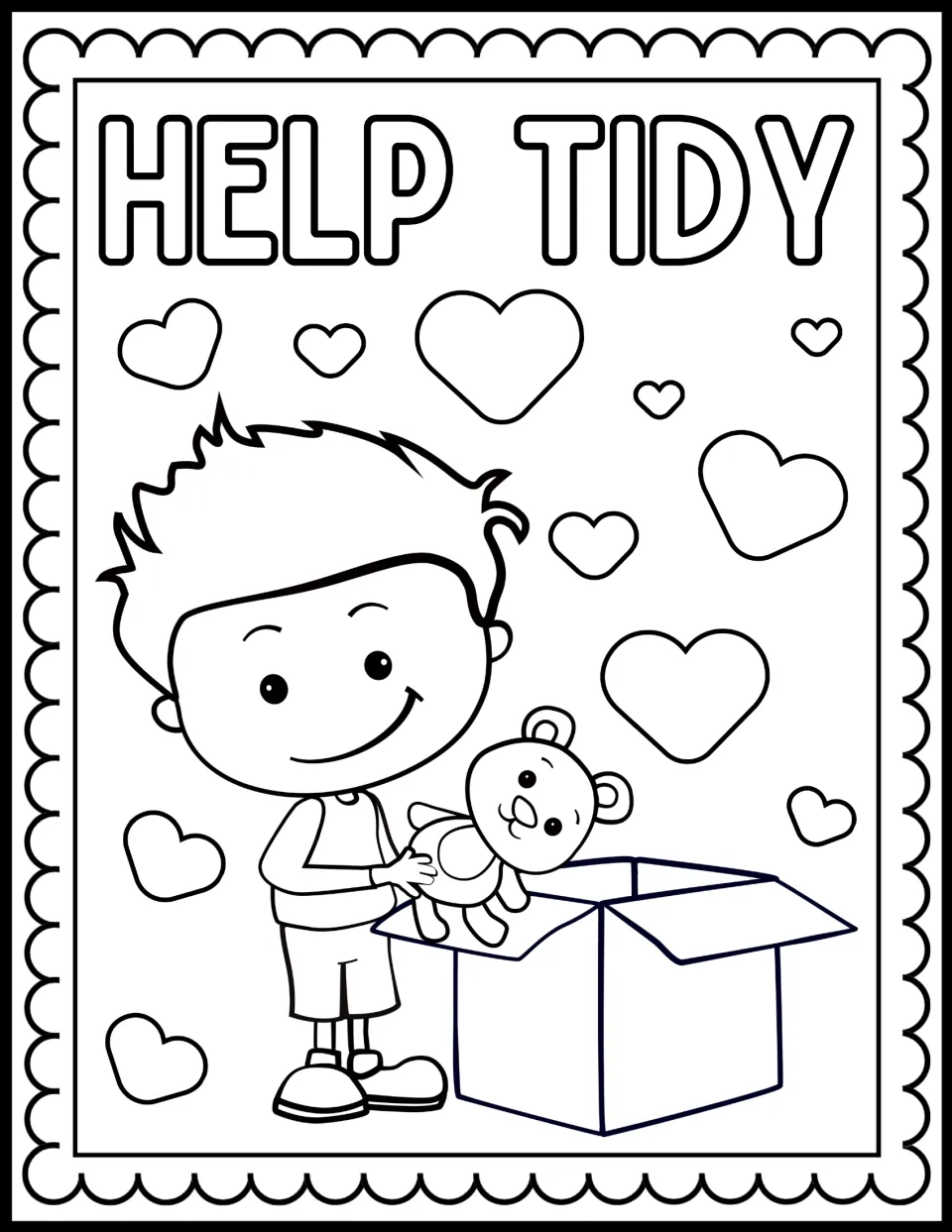 Help Tidy coloring page: students color a smiling boy putting a teddy bear away into an open cardboard box