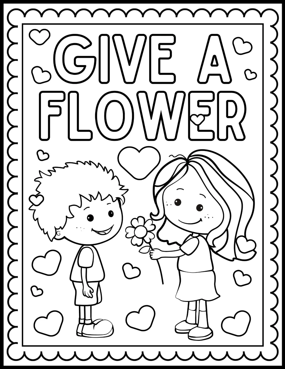 Give a Flower coloring page: students color a girl handing a daisy to a smiling boy, with hearts all around