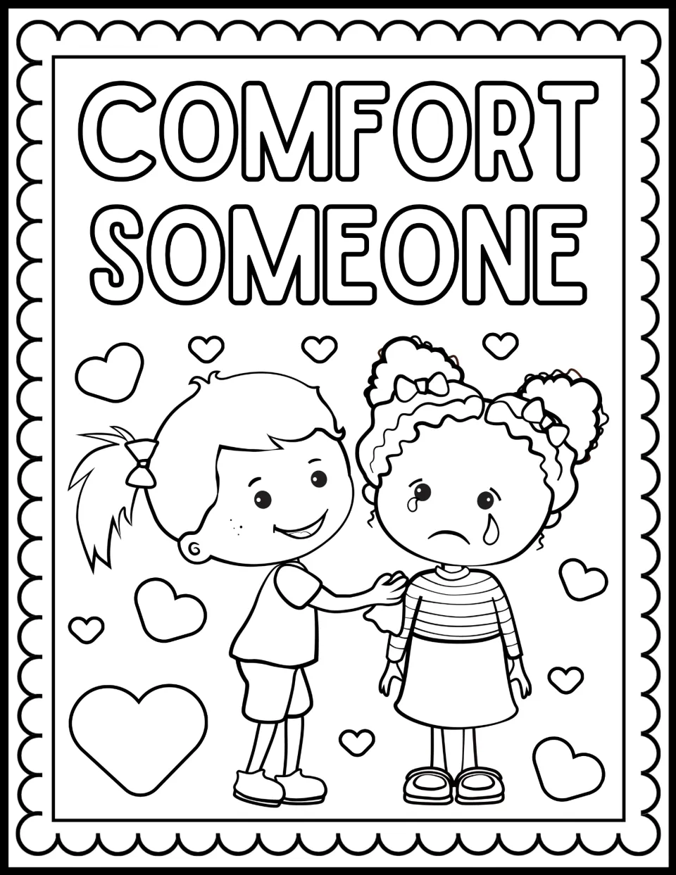 Comfort Someone coloring page: students color a girl patting the shoulder of a crying friend with tears on her cheek