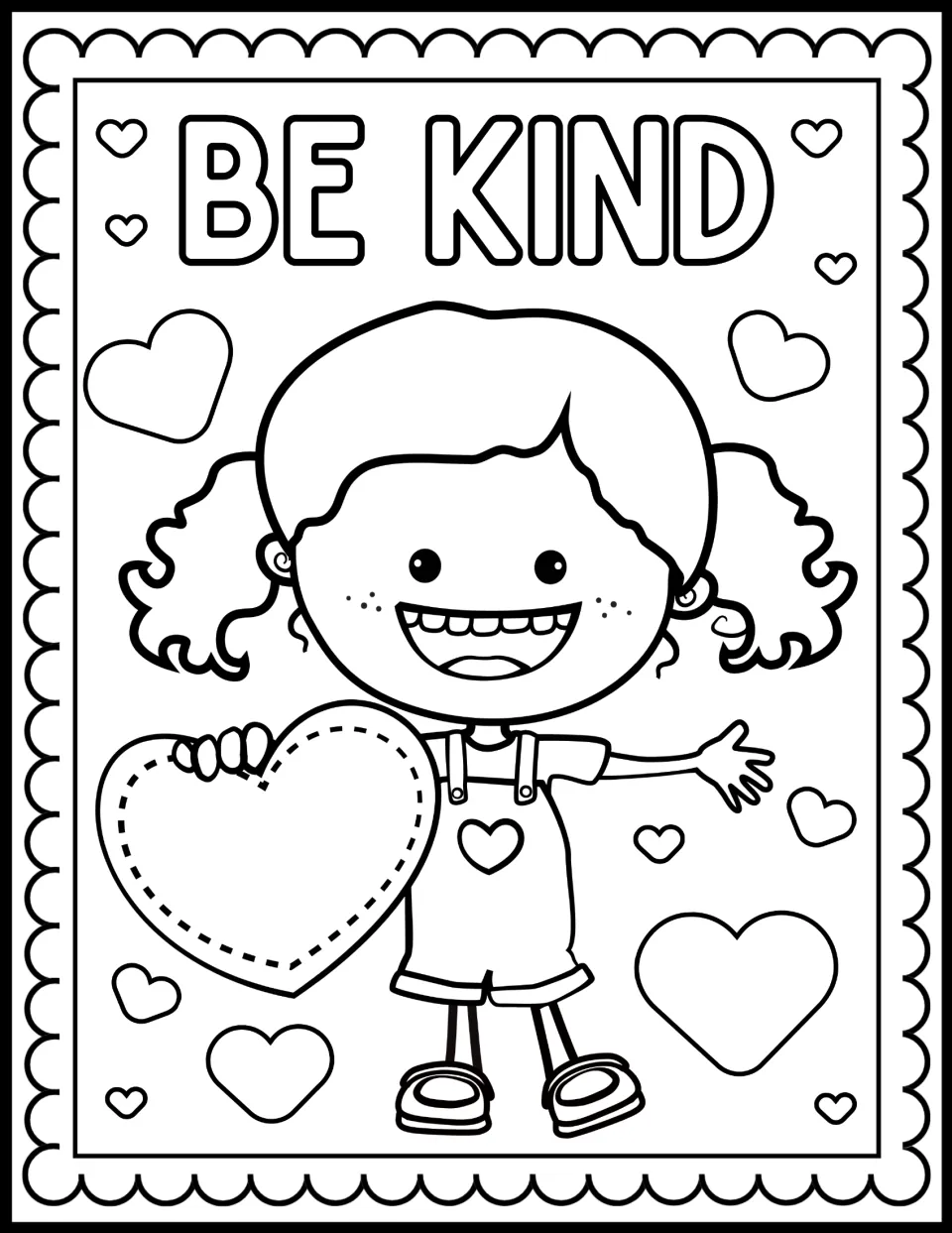 Be Kind coloring page: students color a grinning girl in overalls holding up a large heart with a dashed stitched edge
