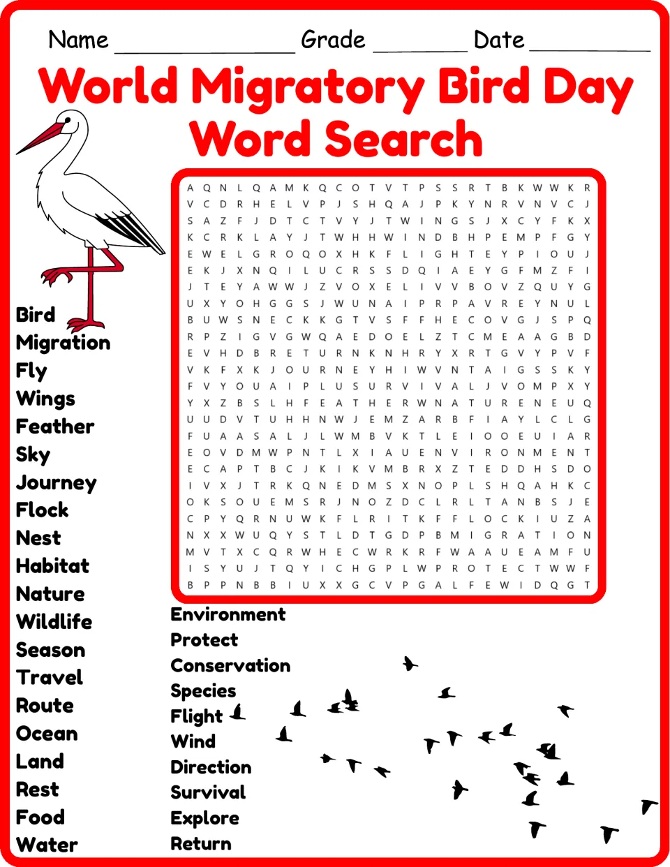 World Migratory Bird Day word search in color: students find 30 words like migration, flock and habitat