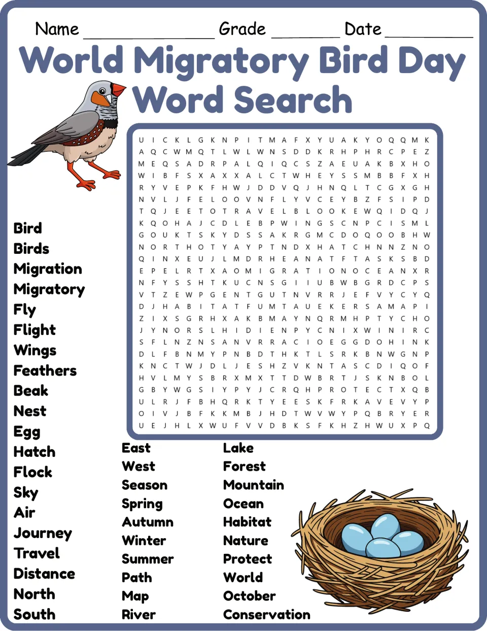 Migratory bird word search in color: students find 40 hidden words like migration, flock, habitat and conservation