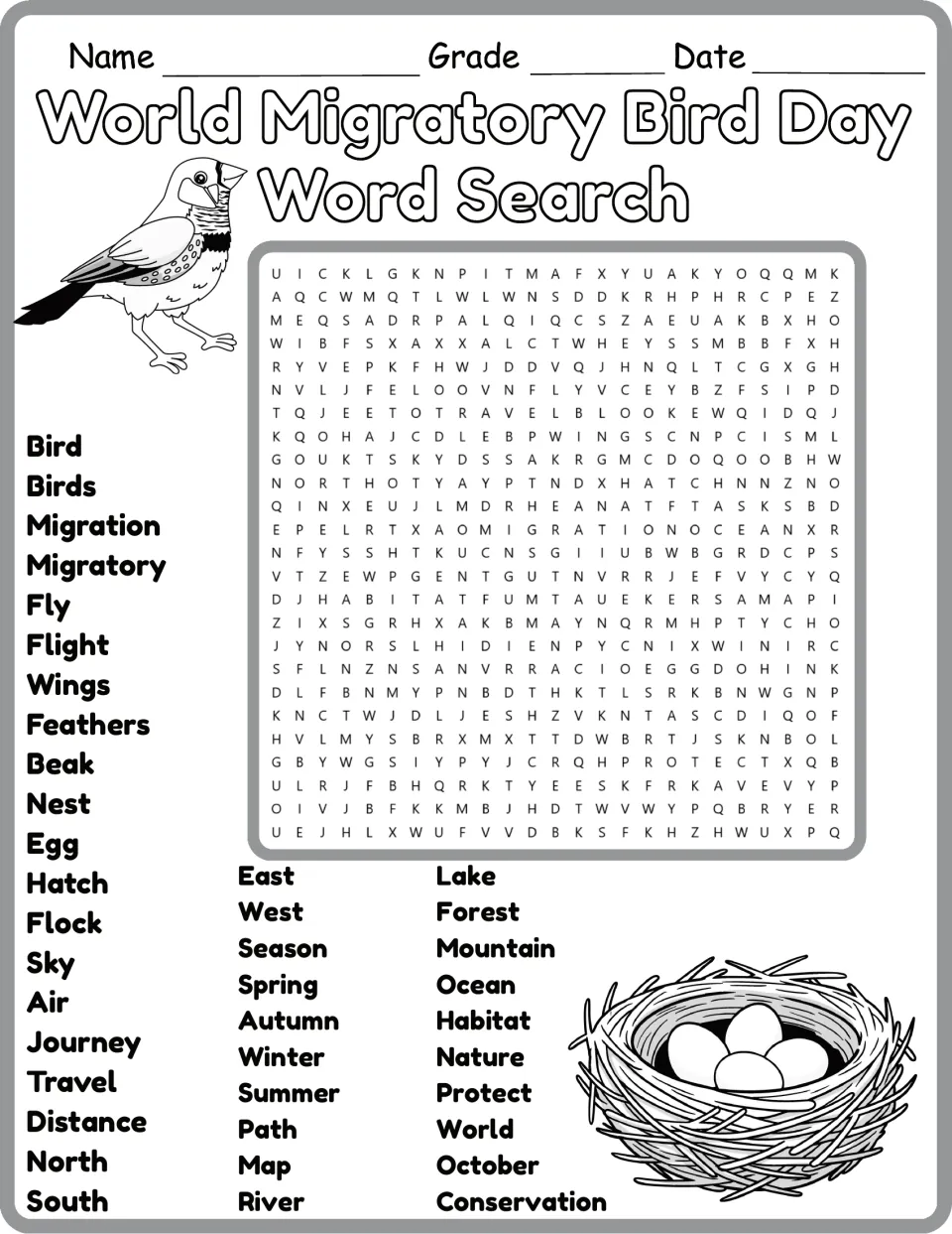 Black-and-white bird migration word search: students hunt for 40 terms such as feathers, season, north and nest