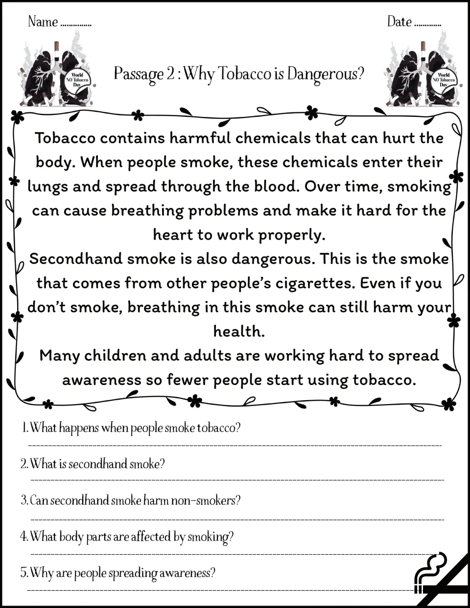 Passage 2, Why Tobacco is Dangerous?: students read about harmful chemicals and secondhand smoke, then answer 5 questions