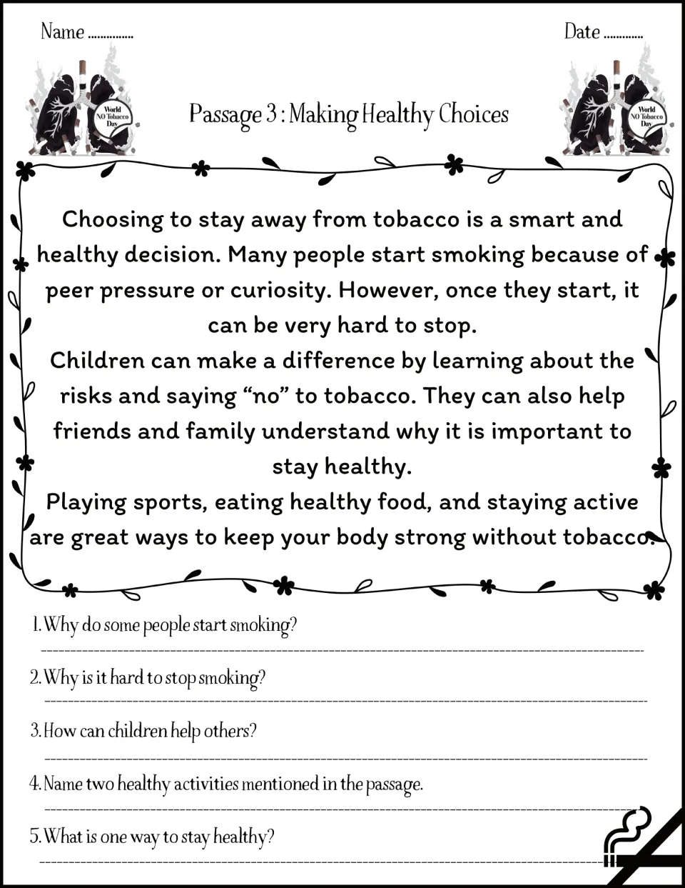 Passage 3, Making Healthy Choices: students read about peer pressure and saying no, then answer 5 comprehension questions