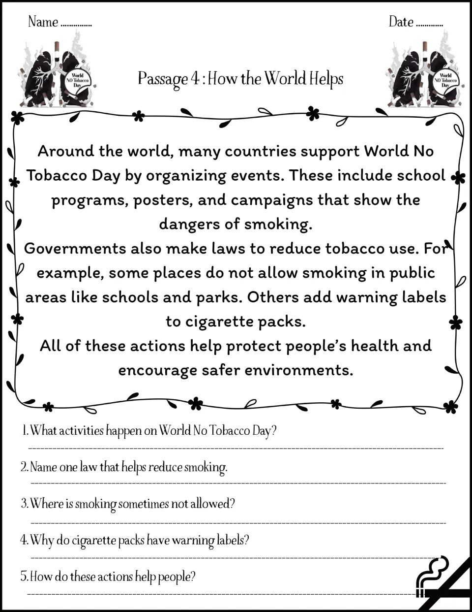 Passage 4, How the World Helps: students read about campaigns, smoke-free laws and warning labels, then answer 5 questions