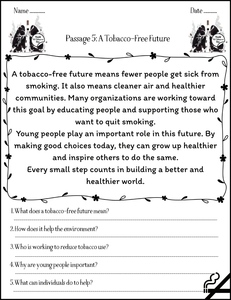 Passage 5, A Tobacco-Free Future: students read about cleaner air and the role of young people, then answer 5 questions