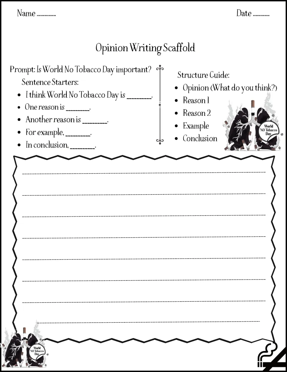 Opinion writing on whether the day matters: students use sentence starters and a guide of opinion, two reasons, example
