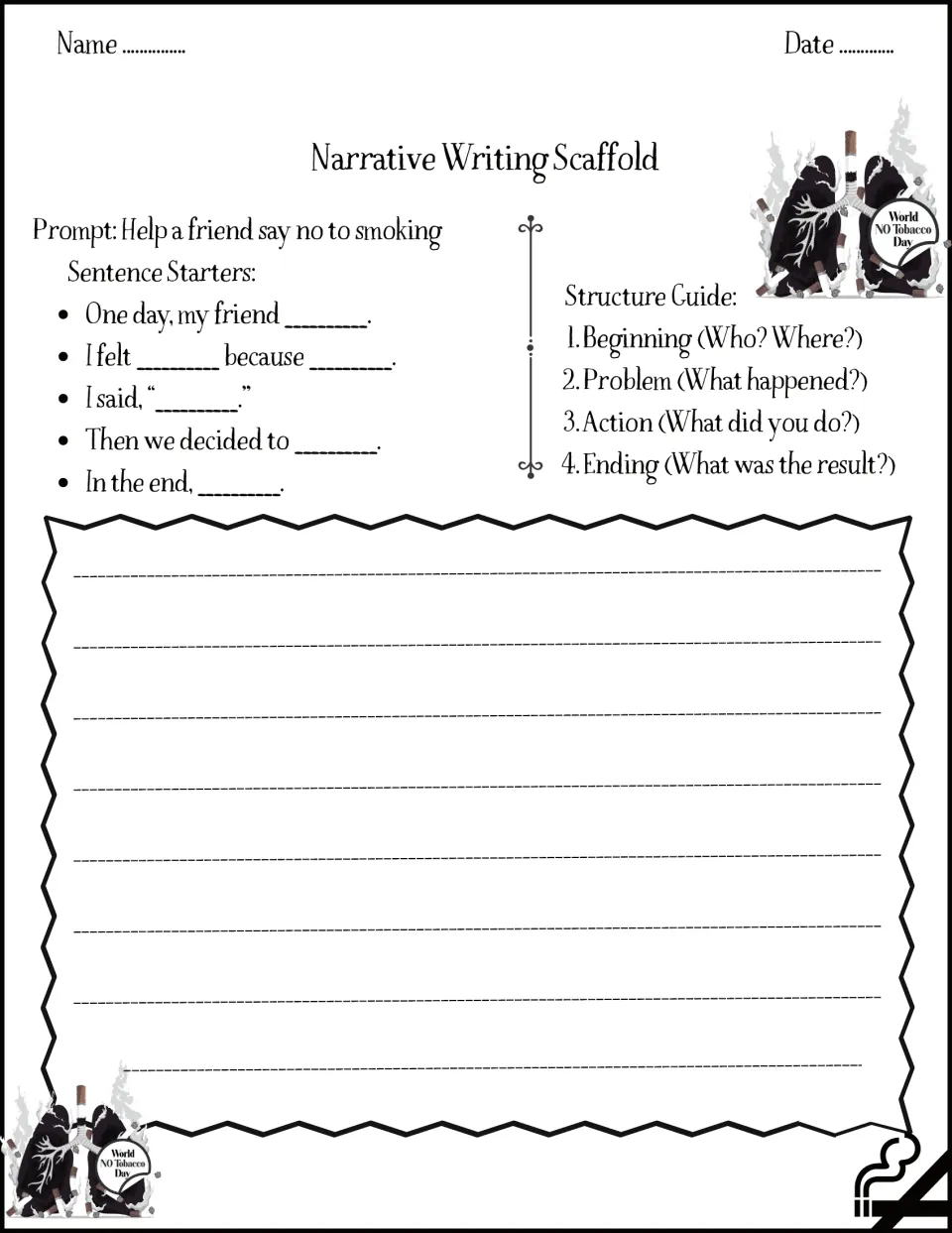 Narrative writing: students write a story about helping a friend say no to smoking, with starters and a 4-part plan