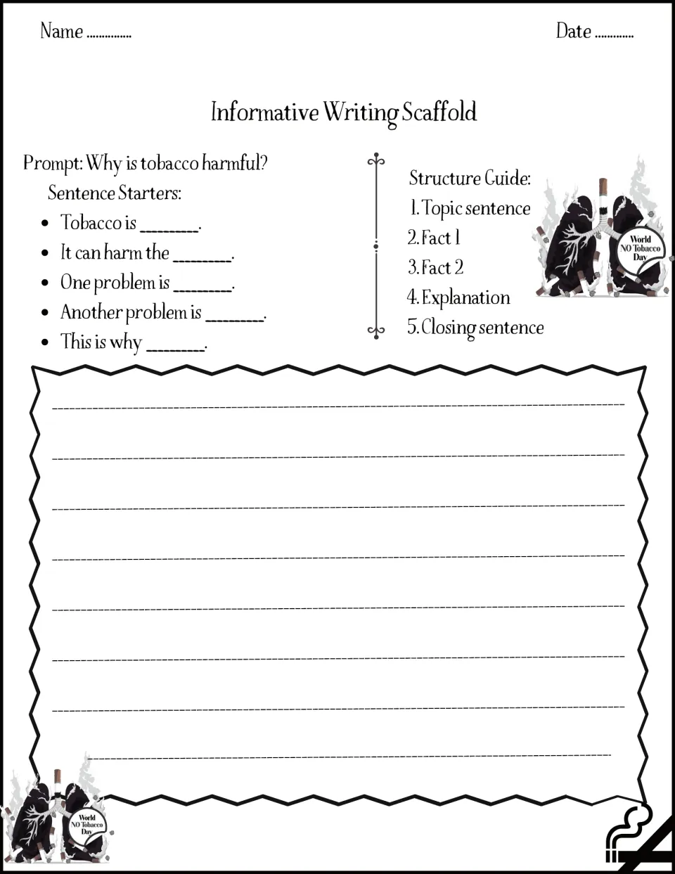 Informative writing: students explain why tobacco is harmful using a topic sentence, two facts, explanation and closing