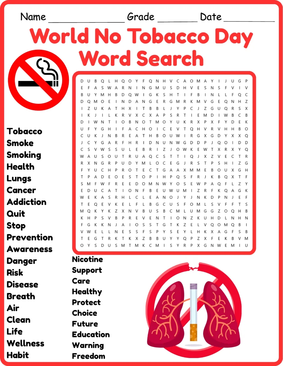 Anti-smoking word search in color: students find 30 words such as tobacco, lungs, nicotine and prevention in the puzzle