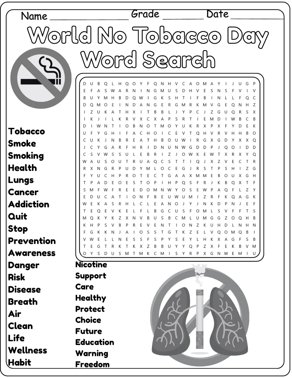 Black-and-white anti-smoking word search: students find 30 words like addiction, cancer, quit and healthy in the puzzle