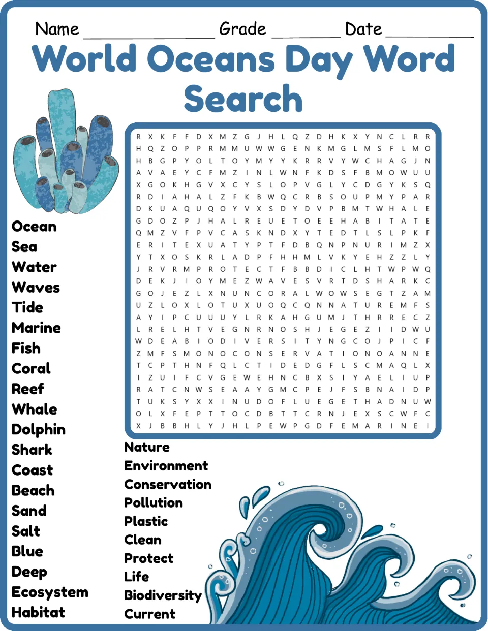 Ocean vocabulary word search in color: students find 30 words such as coral, reef, pollution and biodiversity