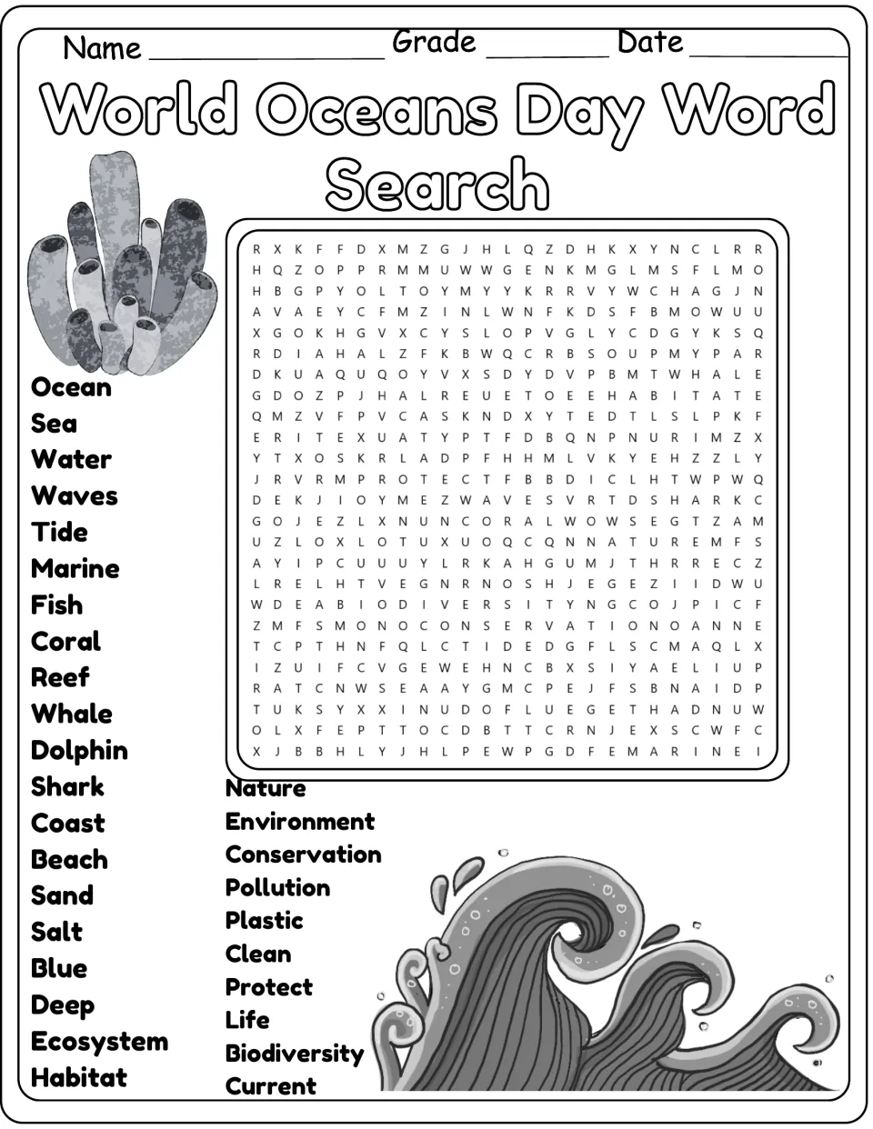 Black-and-white ocean word search: students circle 30 hidden terms like tide, marine, conservation and plastic