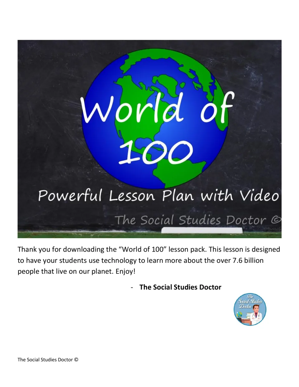 World of 100 cover: lesson plan with video, globe on a chalkboard and a note on the world's 7.6 billion people