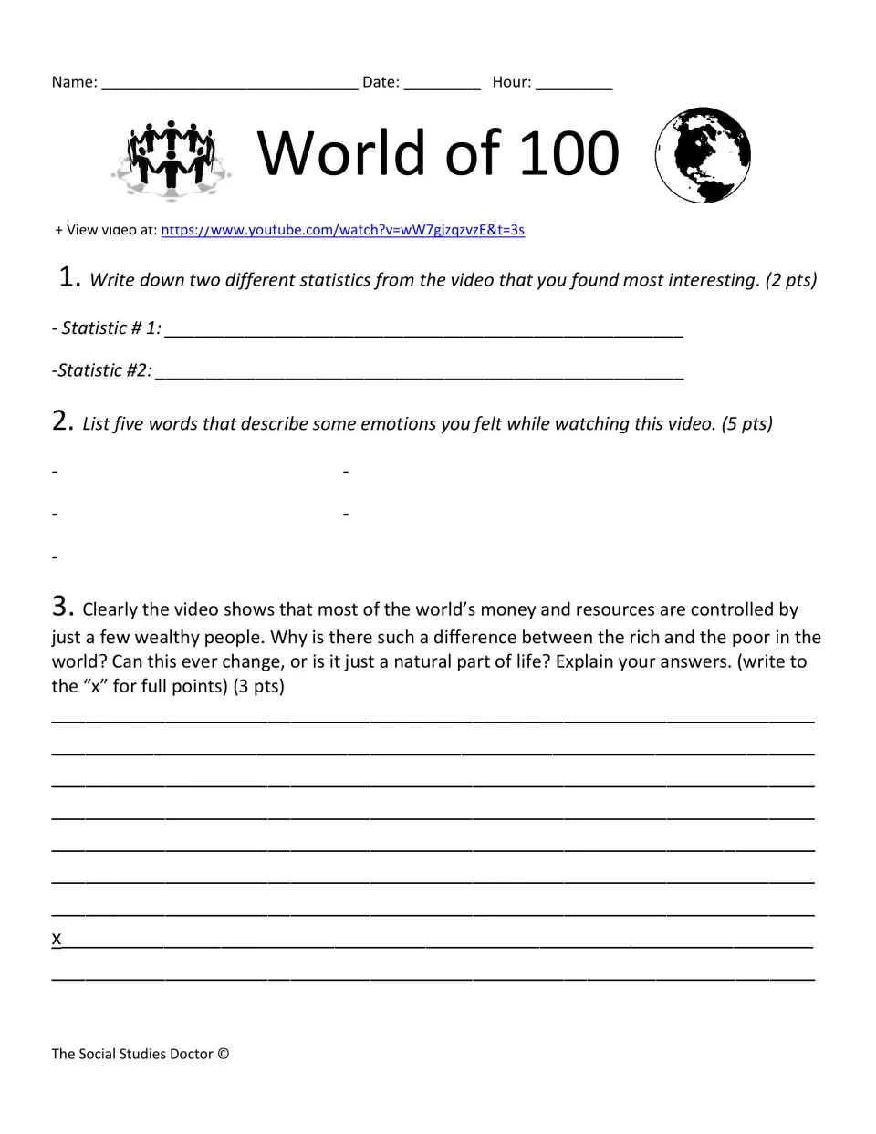 Video response sheet: students record two statistics, list five emotion words and explain the gap between rich and poor
