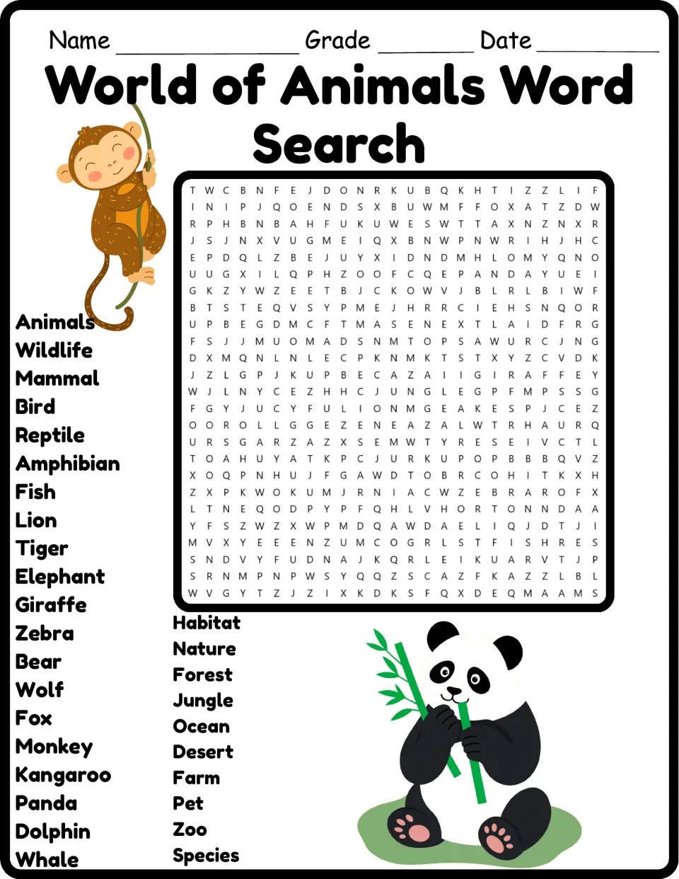 Color version of the animal word search with 30 words, including animals, wildlife, mammal, and habitat.