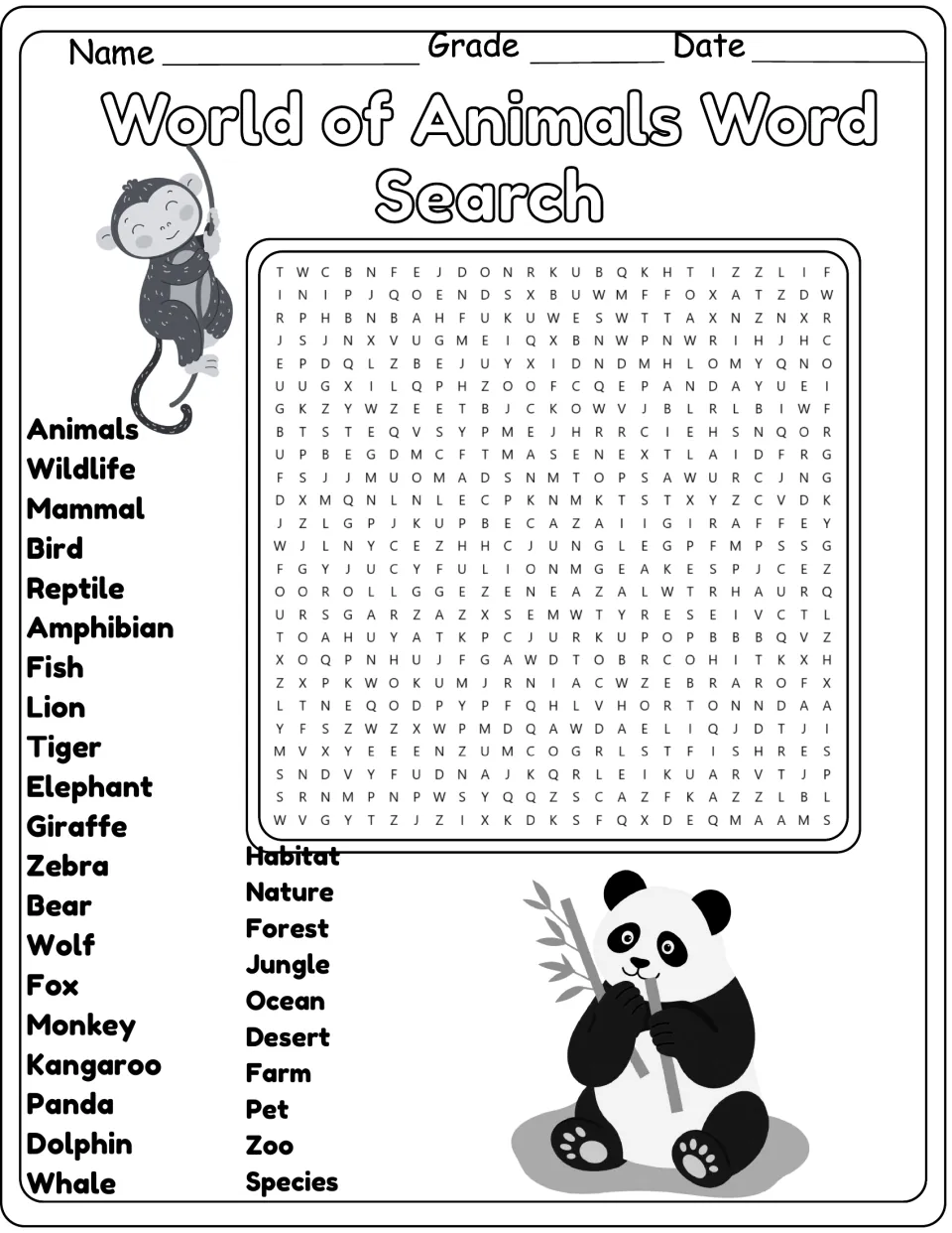 Black-and-white version of the same 30-word animal search, including reptile, amphibian, fish, and zoo.