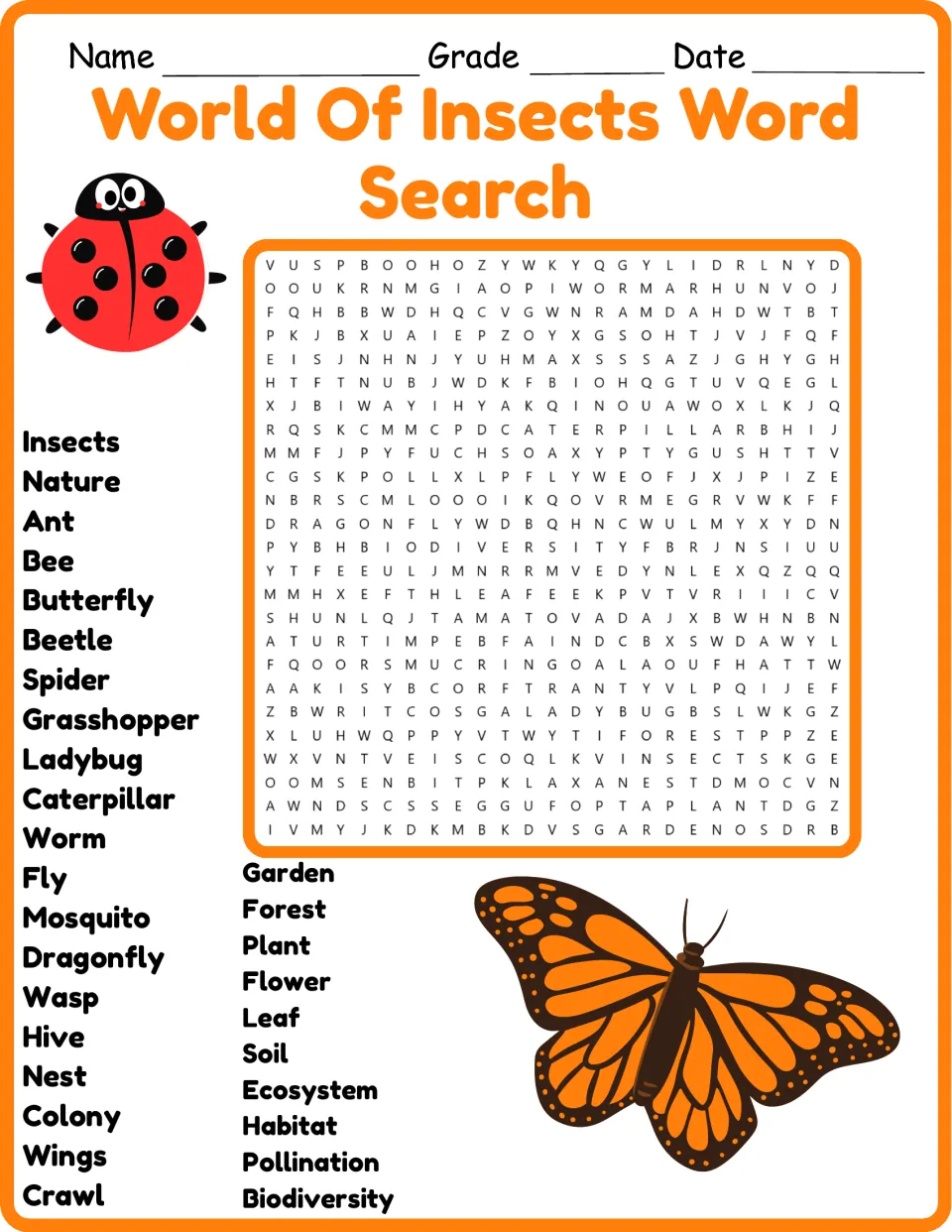 Insect vocabulary word search in color: students find 30 hidden words such as ladybug, hive, pollination and habitat