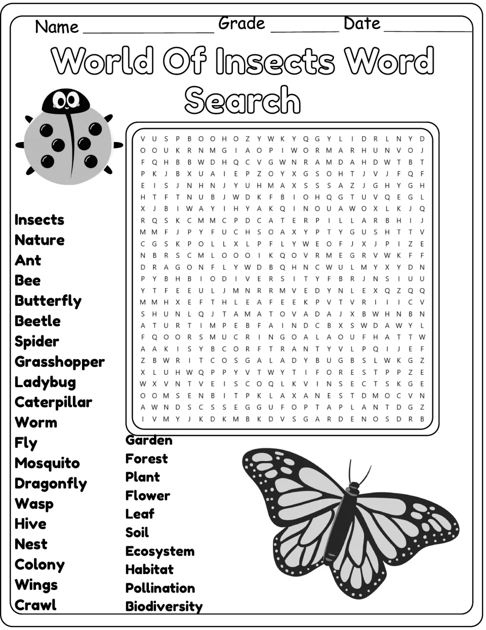 Black-and-white insect word search: students locate 30 terms such as ant, dragonfly, colony and ecosystem