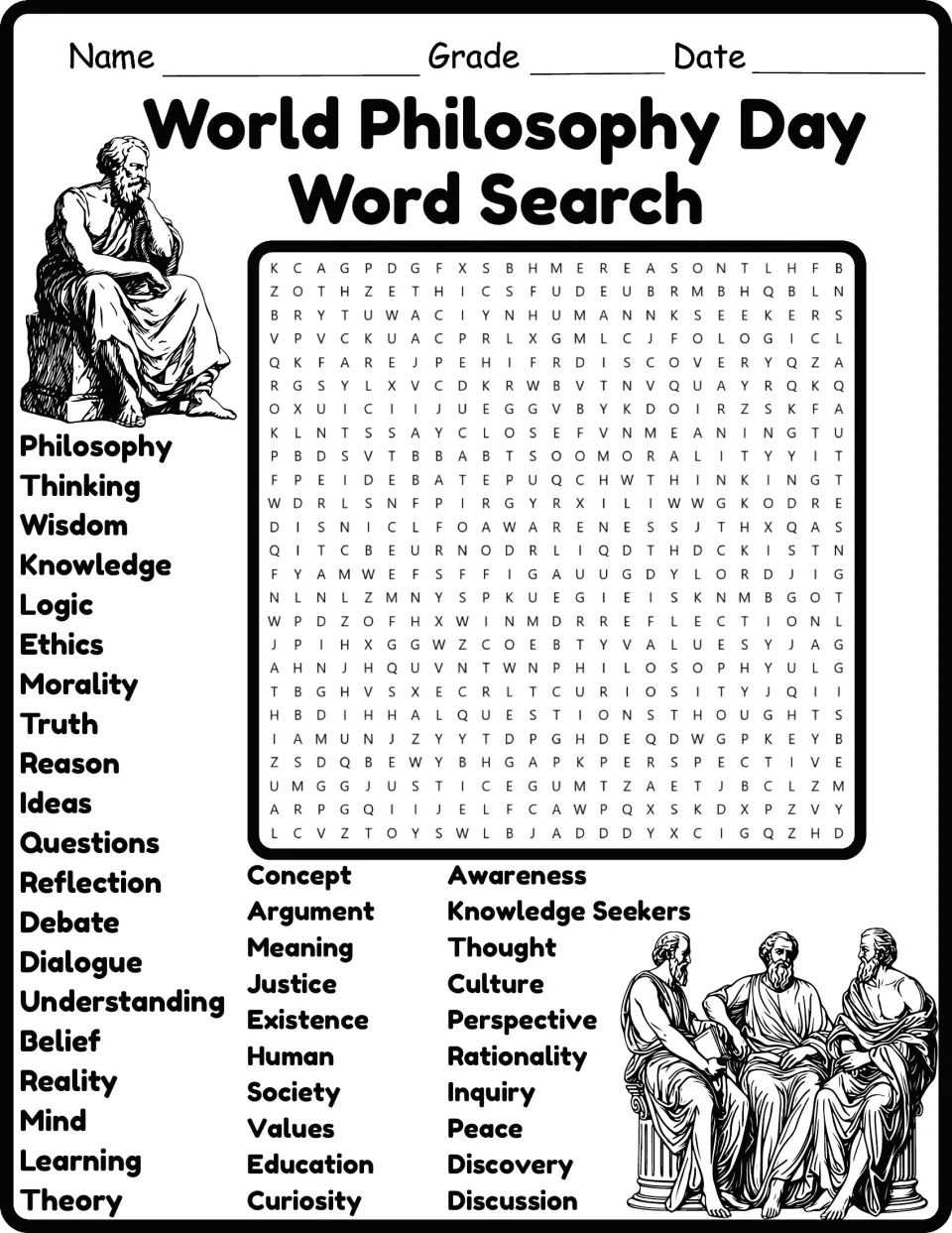 Philosophy vocabulary word search, first version, featuring ethics, morality, reason, truth, and reflection.