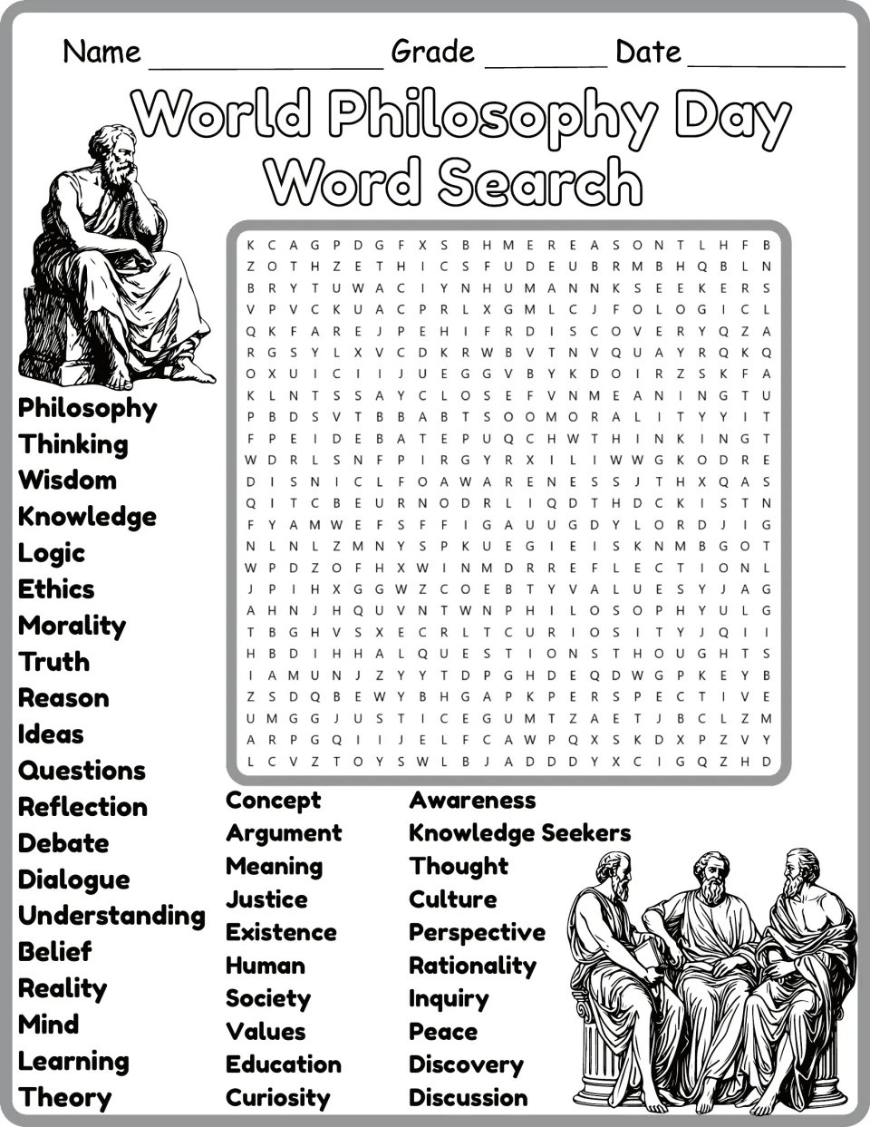 Philosophy vocabulary word search, second version, featuring justice, curiosity, awareness, and discovery.