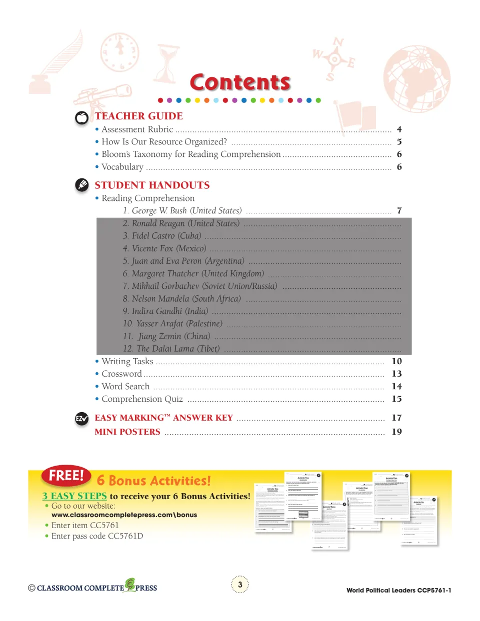 Contents listing teacher guide, Bush reading on page 7, writing tasks, crossword, word search, quiz and answer key