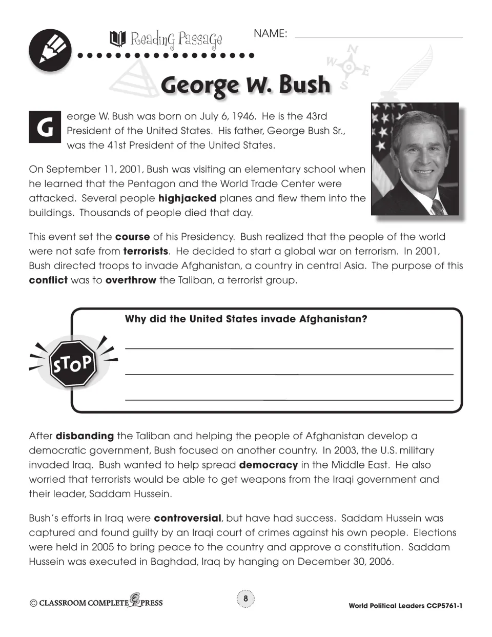 Reading passage on George W. Bush, 43rd president: September 11 attacks, wars in Afghanistan and Iraq, with a photo