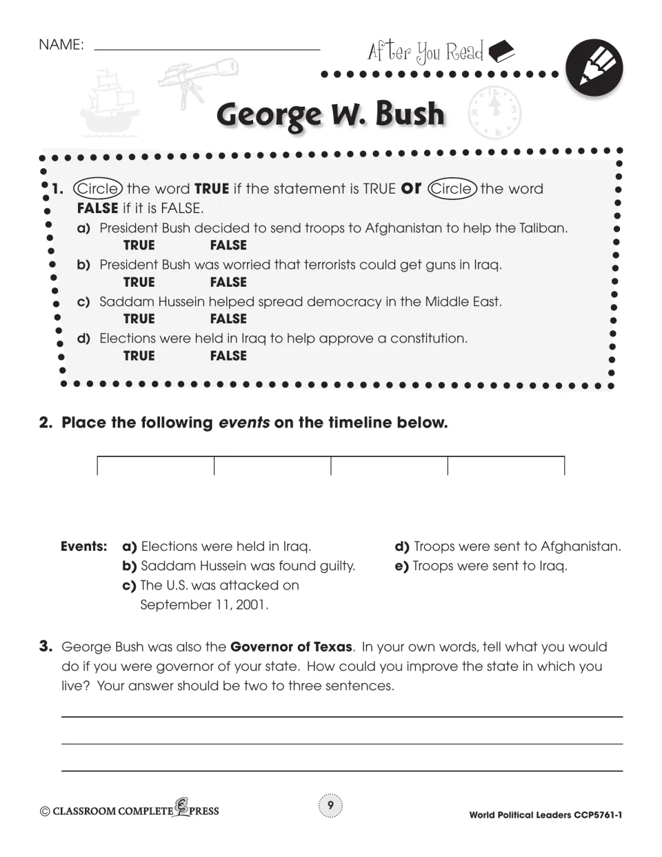 After You Read: 4 true-or-false items, a five-event timeline from 9/11 on, and a 'Governor of Texas' writing prompt
