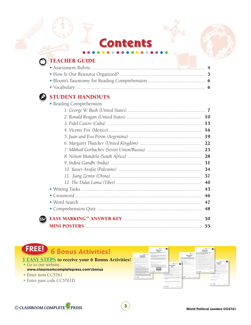 Contents listing teacher guidance, 12 leader sections, writing tasks, puzzles, a quiz, and an answer key