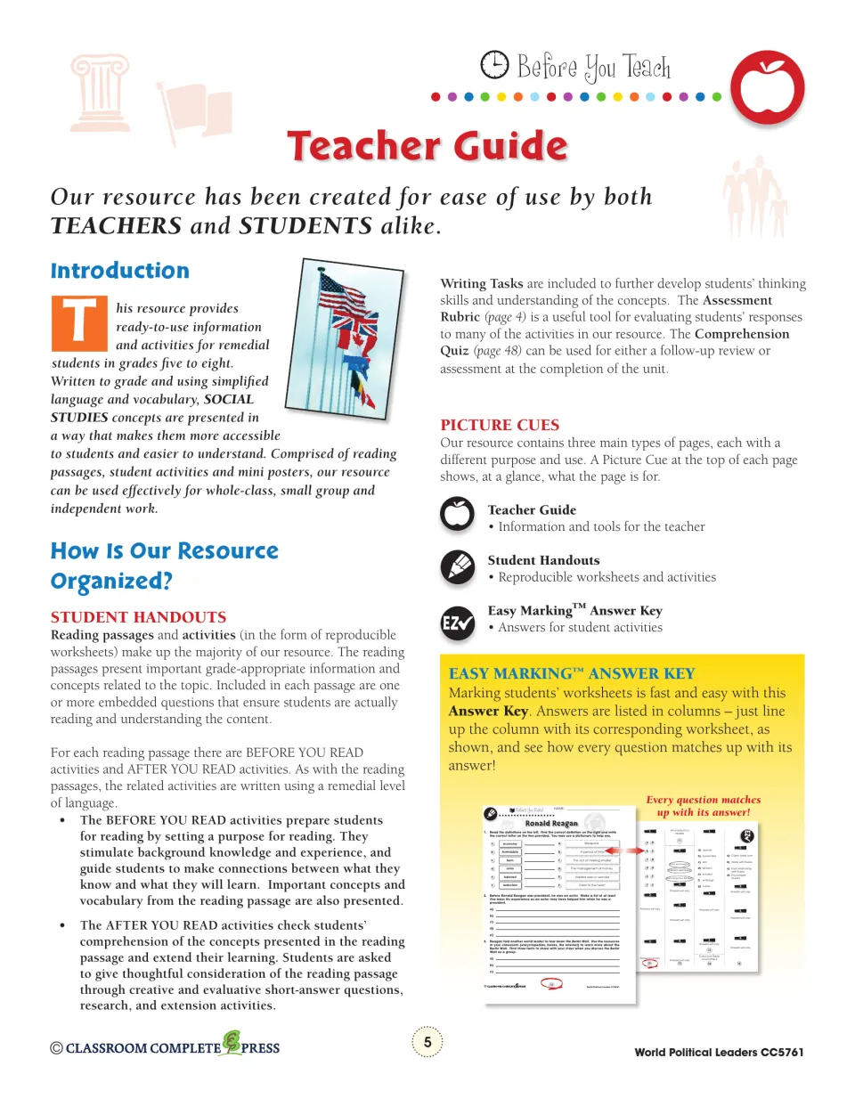 Teacher guide explaining reading passages, before- and after-reading activities, assessment, and answer use